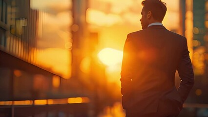 Aufkleber - A man in a suit walks down a city street, silhouetted against the setting sun.