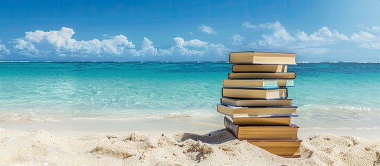 Poster - Books on the sandy beach near the ocean with copy space image.