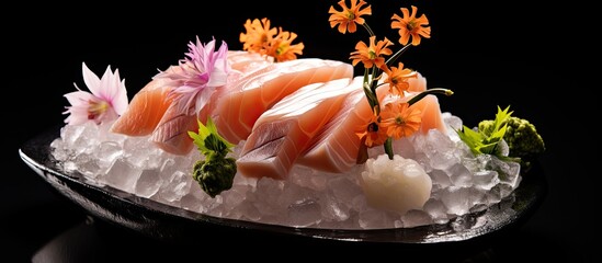 Poster - Japanese-style presentation of salmon sashimi on a flower-shaped ice bowl boat, isolated against a black background with copy space image.