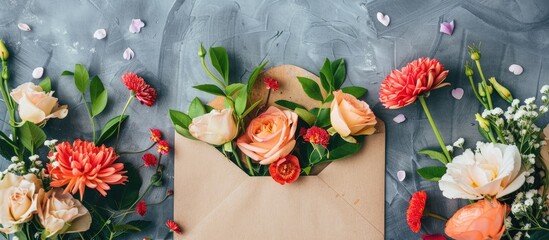 Poster - Top view of an envelope adorned with flowers, ideal for writing a heartfelt message on International Women's Day with a copy space image.