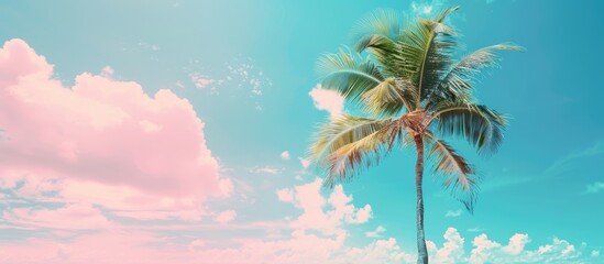 Canvas Print - Copy space image of a beach in summer with a palm tree against a blue sky dotted with clouds, featuring pastel hues and a soft, blurred background.