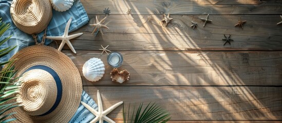 Poster - Items for a beach holiday arranged on a wooden table with a view from above, showcasing a serene and inviting atmosphere with copy space image.