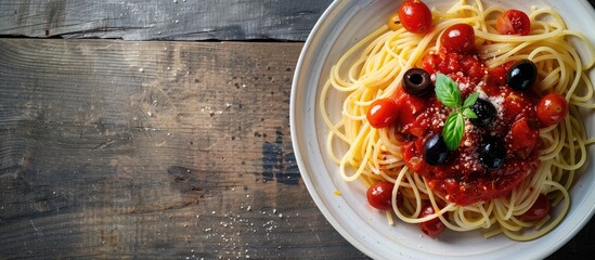 Poster - Italian spaghetti pasta topped with tomato sauce, olives, and cherry tomato, viewed from above with copy space image.