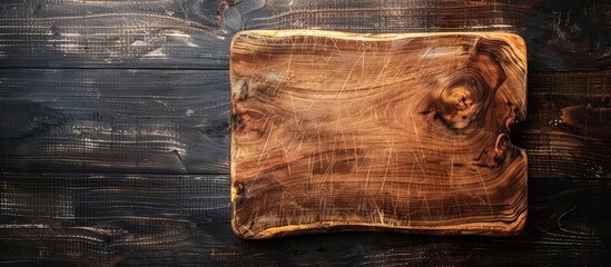 Poster - A wooden cutting board is seen from above on a rustic dark wood countertop, providing a rustic backdrop for a potential copy space image.
