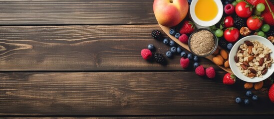 Poster - Top view of a healthy vegetarian breakfast featuring muesli with fruits, seeds, and nuts on a wooden backdrop, offering copy space for additional images.