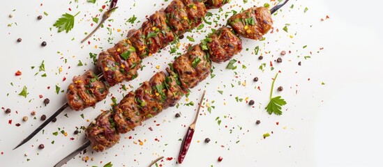Poster - Top view of a Turkish Urfa kebab garnished with herbs, spices, and a meat fork, presented against a white backdrop, ready for a copy space image.