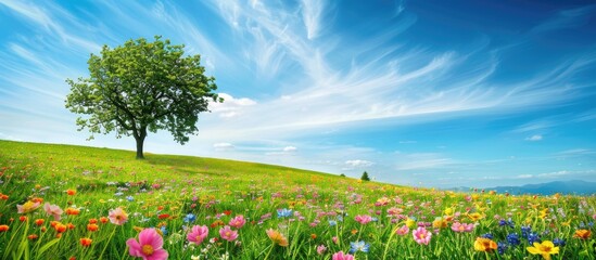 Poster - A scenic green meadow with colorful flowers and a tree, perfect as a copy space image.