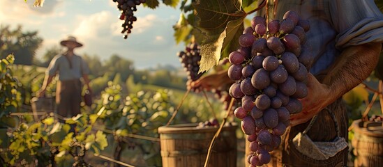 Aufkleber - Gathering cropped grapes manually from short vines carrying buckets, with space for inserting images.