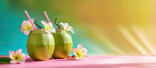 Poster - Fresh green coconut with straws and flower on a colorful background with copy space image.