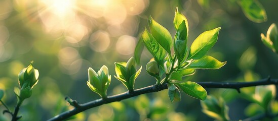 Fototapete - Fresh green buds with blossoming leaves, allowing sunlight to filter through.