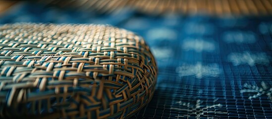 Fototapete - Geometric pattern on blue fabric with copy space image on wicker background, creating a soft focus effect.