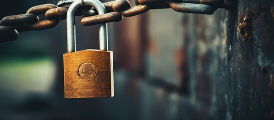 Poster - Close-up of an aged gray padlock on a chain with a vintage aesthetic, ideal for copy space image.