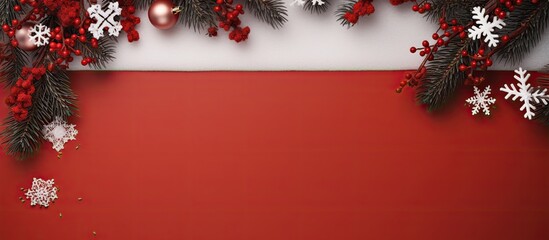 Aufkleber - A Christmas greeting card surrounded by fir branches, snowflakes, and decorations on a red background with a mock-up for a copy space image in a top-down view.