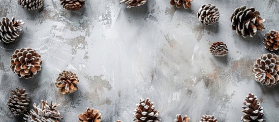 Fototapete - Pine cone frame on concrete backdrop suggesting winter or Christmas theme with top view and copy space image.