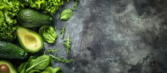 Poster - An assortment of fresh green vegetables like avocado, lettuce, spinach, and arugula arranged on a table, perfect for a healthy meal or snack with a rustic background for a top view copy space image.