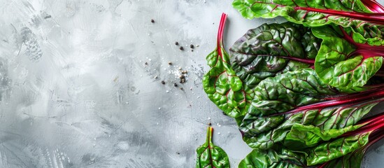 Poster - Top view of healthy and highly nutritious raw chard leaves on a light background with copy space image.