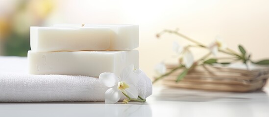 Aufkleber - Ceramic soap and towel on a blurred white spa background with ample copy space image.