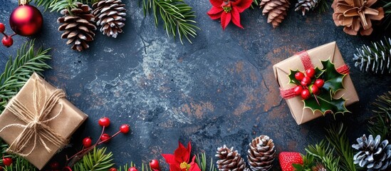 Aufkleber - Top view of a festive Christmas frame with gift box, pine cones, holly, flowers, strawberry, and evergreen branches on a textured background for a copy space image.