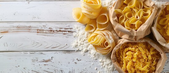 Poster - Top view of various uncooked pasta types and flour in a paper bag on a white wooden table with copy space image.