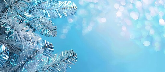 Poster - Festive postcard template with a blue background, silver tinsel border for Merry Christmas and Happy New Year wishes, including a designated area for text or copy space image.