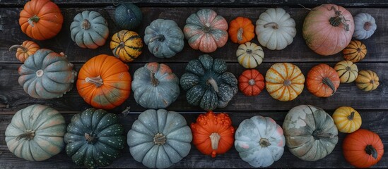 Aufkleber - A variety of pumpkins displayed on a rustic wooden surface for Halloween and autumn harvest, captured from above with a dark background emphasizing copy space image.