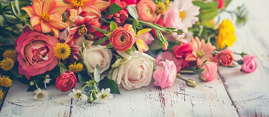 Sticker - Create a floral decoration on a white wooden table with a background of flowers, ideal for your copy space image.