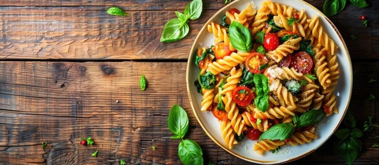 Aufkleber - Delicious pasta with spinach, sauce, and tomatoes on a wooden table seen from above, with ample space for text in the image