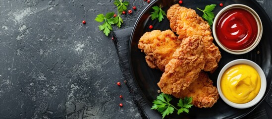 Poster - Dark background enhances chicken breast and fried pork on plate with mustards and ketchup, parsley for color contrast, ideal for copy space image.
