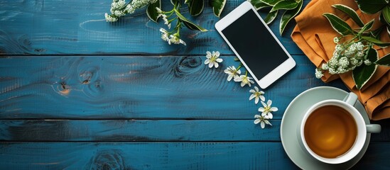 Leinwandbilder - An aerial view of an office table adorned with a tablet, computer, coffee cup, and a flower, featuring ample copy space in the image.