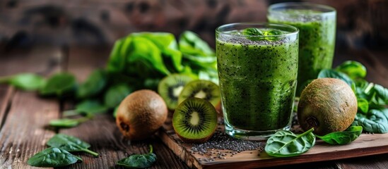 Poster - Smoothie made of spinach and kiwi displayed on a wooden backdrop with copy space image.
