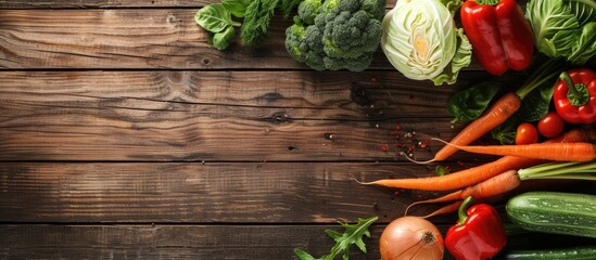 Wall Mural - An overhead view of a mix of fresh vegetables such as carrots, savoy cabbage, broccoli, onions, and peppers displayed on a rustic wooden surface with abundant copy space image.