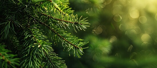 Poster - Close-up of a pine tree branch against a green forest backdrop with copy space image.