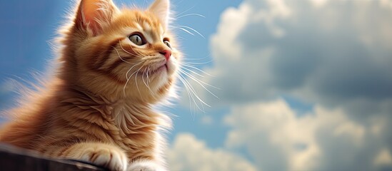 Poster - Adorable red kitten gazing at the sky in an endearing manner, offering a charming element to any copy space image.
