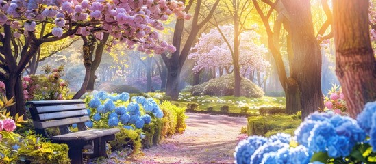 Poster - A picturesque scene featuring blooming hydrangeas and cherry blossom trees with a serene ambiance perfect for a copy space image.