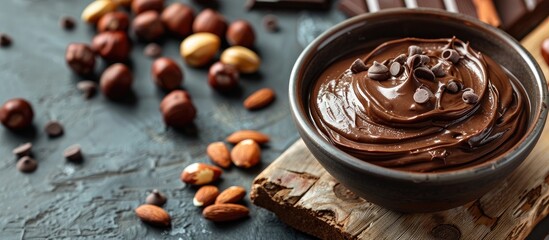 Poster - On a gray background, a wooden board displays a bowl of homemade chocolate hazelnut cream with ample copy space image.