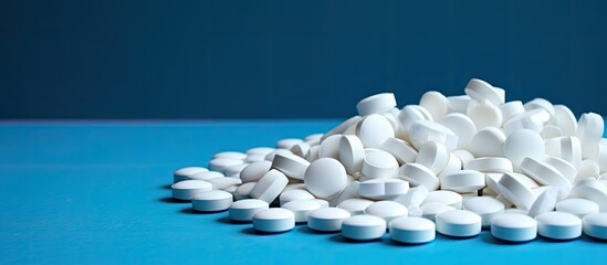 Aufkleber - White medical pills on a blue backdrop, illustrating medical treatment. Background offers space for images