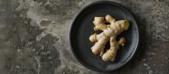 Poster - A sprouted ginger root placed on a black plate with copy space image.