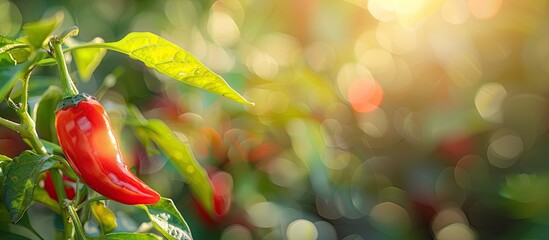 Poster - Ripe red chili on a chilli plant in a garden, with a blurred background, perfect for food and vegetable copy space image.