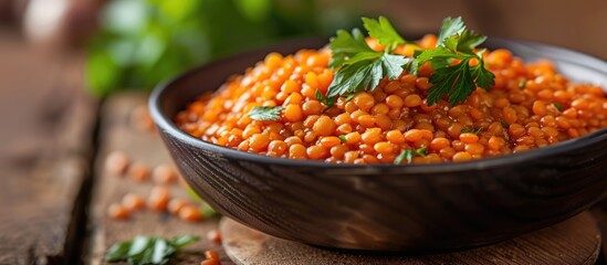 Canvas Print - A bowl of tasty red lentils garnished with parsley, set on a wooden table, captured in a close-up copy space image.