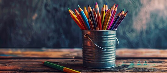 Poster - Colorful pencils arranged in a tin can on a table with space for a copy space image.
