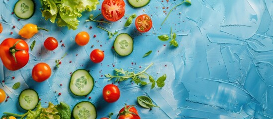 Poster - Display assorted fresh vegetables like cucumber, tomatoes, and peppers on a blue surface for a healthy food concept. Flat lay image with copy space.