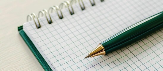 Sticker - Top view of a stylish green pen on a notebook for school or office concept with copy space image.