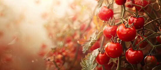Aufkleber - Selective focus on red tomatoes growing on branches with copy space image available.