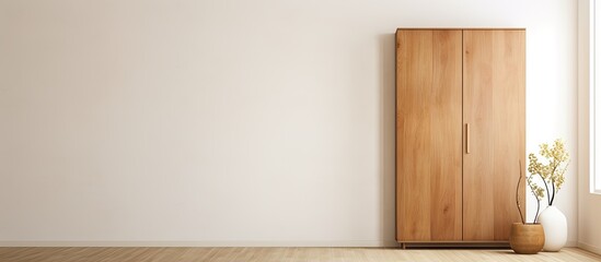 Aufkleber - Minimalist apartment interior with a wooden wardrobe, doorway, white wall, and a blank space for an image
