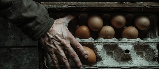 Poster - A hand reaches for eggs in a carton box in a dark, moody composition with a background featuring free copy space image.