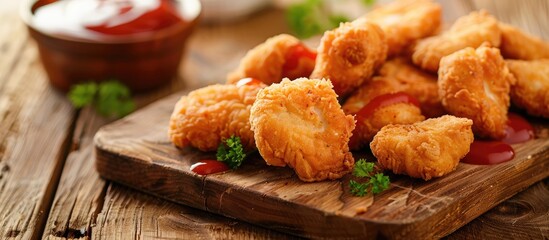 Poster - On the table lies a wooden board with delicious chicken nuggets accompanied by a flavorful sauce, creating an appetizing copy space image.