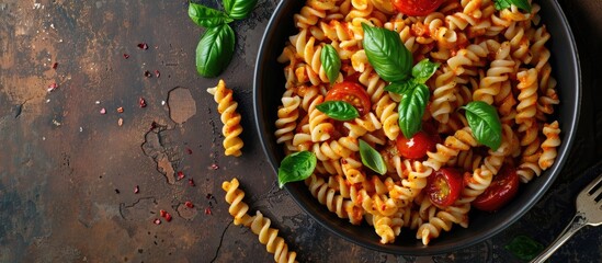 Sticker - Tomato macaroni in a dish with copy space image.