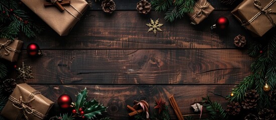 Poster - Wooden backgrounds featuring Christmas concepts arranged in a flat lay style, with ample copy space for personalized text or images.