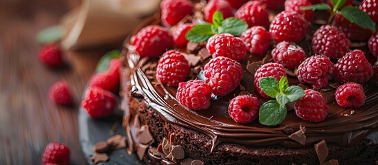 Poster - Detailed close-up image of a chocolate cake adorned with raspberries and mint, offering room for your own text within the frame.