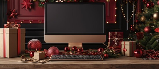 Aufkleber - Festive setting with a computer screen mockup displaying blank copy space image on a table adorned with Christmas decorations and gift boxes in brown and red.